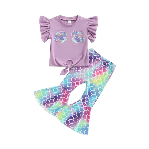 Aunavey Toddler Baby Girl Outfit Short Sleeve Top and Bell-Bottoms Flare Mermaid Skinny Pants Kids Summer Clothes