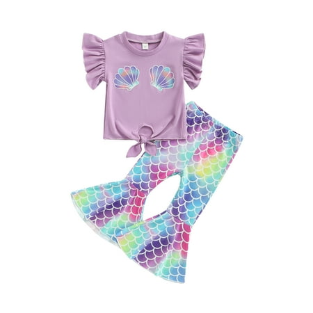 

IZhansean Summer Lovely Girls Clothes Sets 2pcs Fly Sleeve Shell Printed T Shirts+Fishscale High Waist Flare Pants Purple 1-2 Years