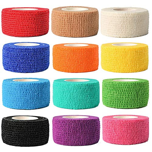 (12-Pack) 1” x 5 Yards | Self Adhesive Bandage Wrap,Athletic Elastic Cohesive Bandage for Sports Injury,Strain,Knee & Wrist,Ankle Sprains & Swelling First Aid