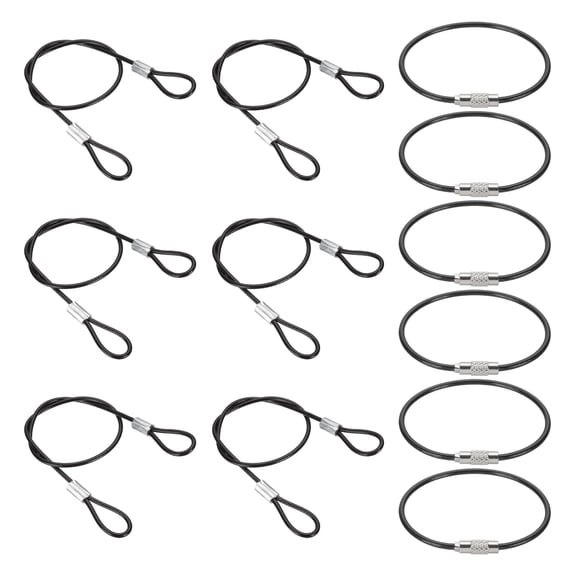 1Ft(12 Inch) Safety Cable Lock, 6 Pcs 0.08 Dia Braided Stainless Steel Coated Security Cable Luggage Lock Wire Rope with Double Loop for Luggage Bicycles Doors Packages, Black