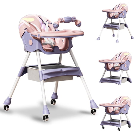 XunKA 4-in-1 Baby High Chair, Portable Dining Chairs Eat & Play with Double-Layer Dinner Plate and Toy Rack,for Months Infants and Toddlers,Purple.