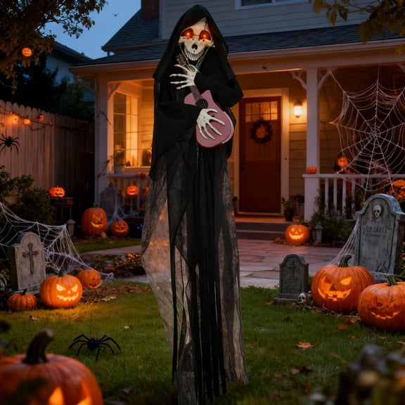 Outdoor Halloween Yard Decor, Guitar-Playing Grim Reaper Outdoor Halloween Decoration Animatronic