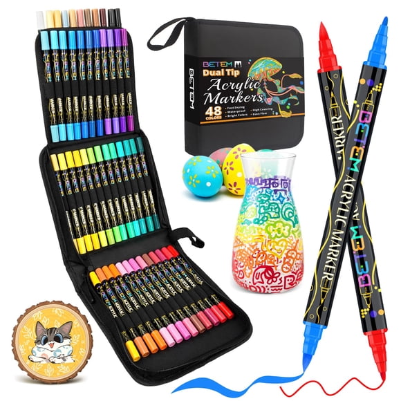 Betem 48 Colors Paint Markers Acrylic Paint Pens, Dual Tip with Brush Tip and Fine Point, Art Supplies for Wood, Canvas, Stone, Glass, Ceramic, Rock