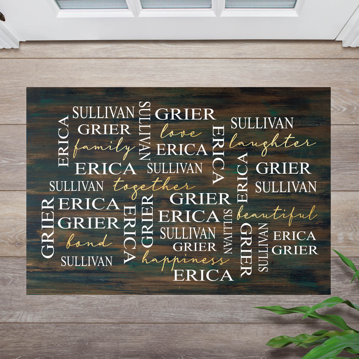 Personalized Planet 27x18 Love Laughter Beautiful Together Happiness Family of 3 Doormat with Custom Names Printed on Brown Rectangular 1/4” Thick Non Slip Mat for Kitchen Hallway Deck or Porch