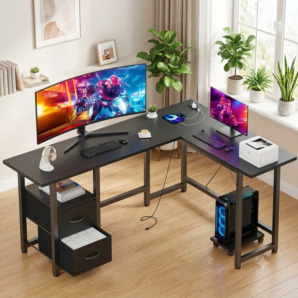Home Office Desk, Lofka 66”Corner Desk with Power Outlets, Computer Desk with CPU Stand for Home Office Dorm, Sturdy, Black