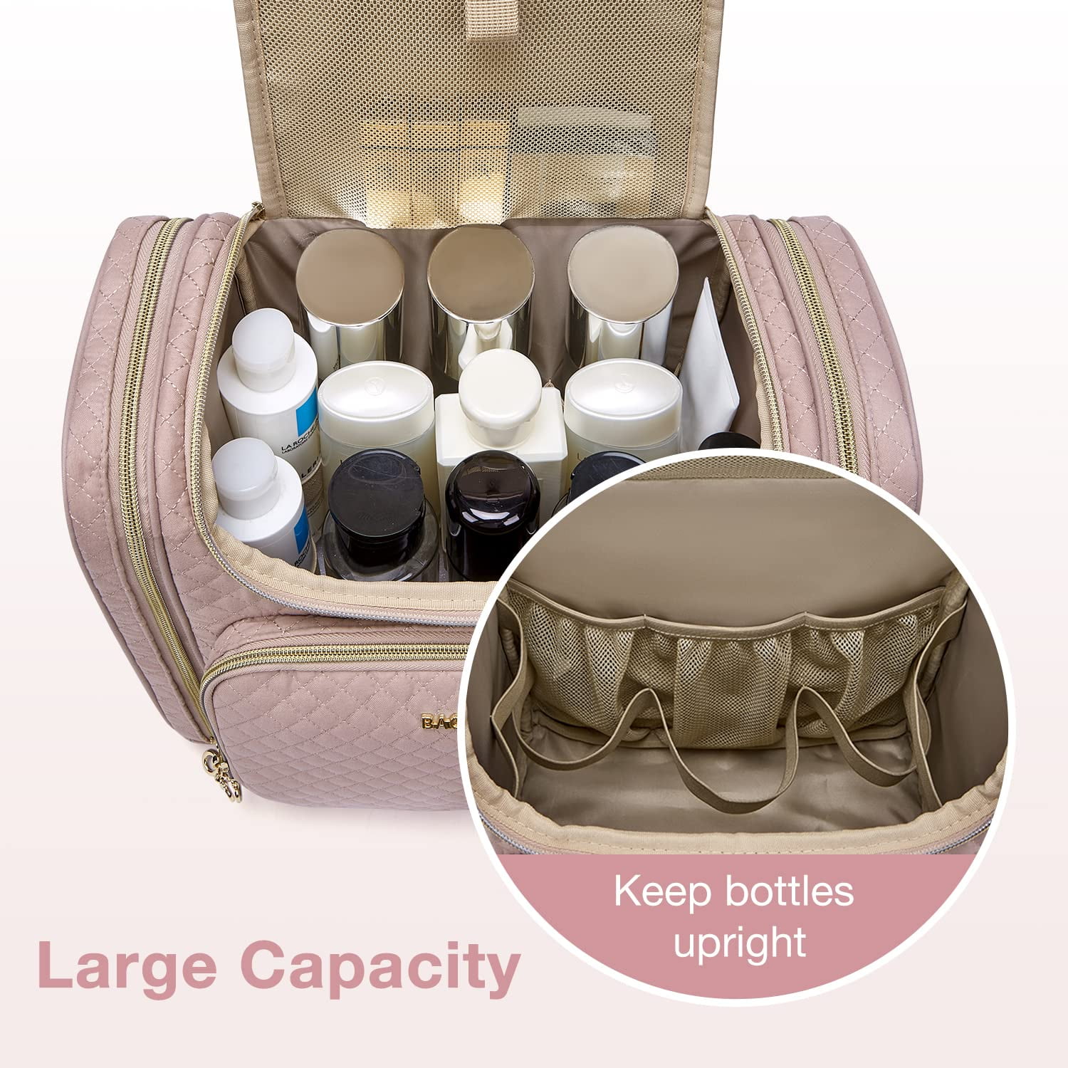 BAGSMART Extra Large Travel Toiletry Bag, Water-resistant Makeup Cosmetic Bag with Hanging Hook, Travel Toiletries Accessories Organizer Essentials, Full Sized Container, Pink