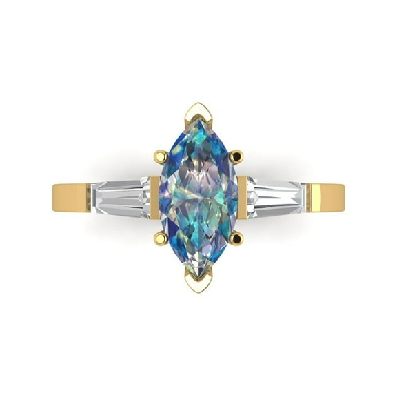2 ctw 3 Stone Anniversary Ring for Women | Marquise Cut Blue Moissanite | Hyperallergenic Solid 14K Yellow Gold