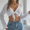 thumbnail image 3 of STETMN Women's Crochet Cardigan Casual Bell Long Sleeve Crop Tops Tie Front Beach Hollow Out Shrug Shirt, 3 of 7