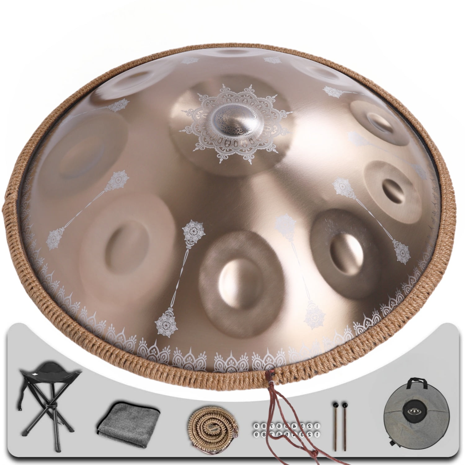 440HZ Tambourine Steel Drum in D Minor 22Inch Golden 10 Notes Mandala Handpan Percussion Drum with Soft HandPan Bag