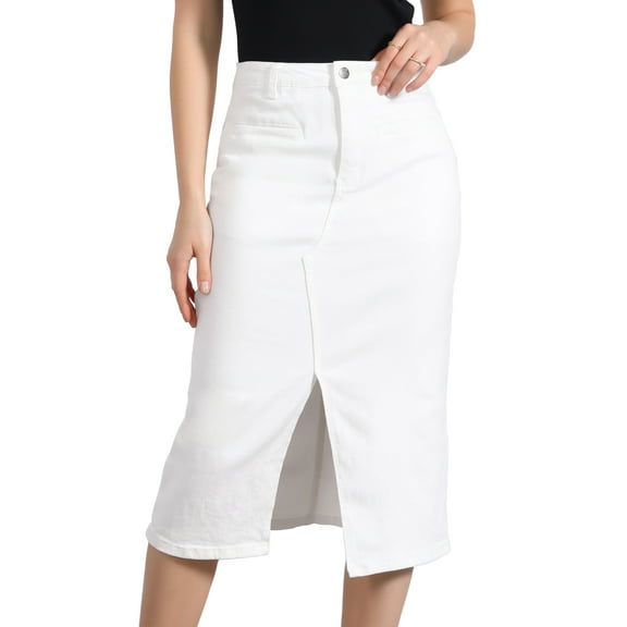 DARING DIVA Women's Slit Front Washed Jean Midi Skirts with Pockets XL White