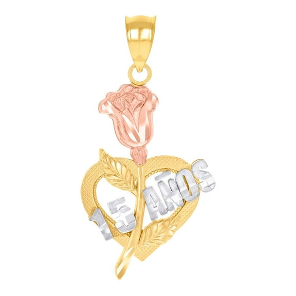 14k Gold Womens Tri-color 15 Anos Rose Love Heart Quinceanera Height 20mm Pendant Necklace Charm Pendant for Women