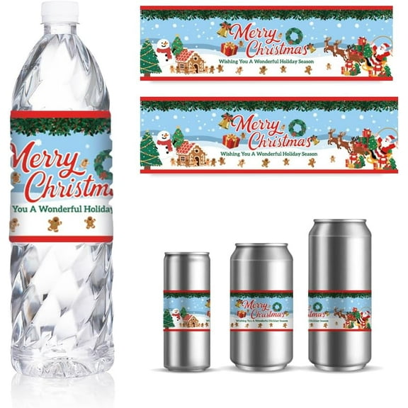 30 Sheets Christmas Water Bottle Labels Santa Claus Gingerbread Men Water Container Labels Self-Adhesive Wraps Sticker for Wedding Bridal Birthday Party Favor 8.5x2.5 Inch