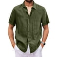 thumbnail image 2 of Men's Linen Shirts Short Sleeve Casual Shirt Oversized Summer Lightweight Button Down Beach Vacation Tops Army Green 3XL, 2 of 6