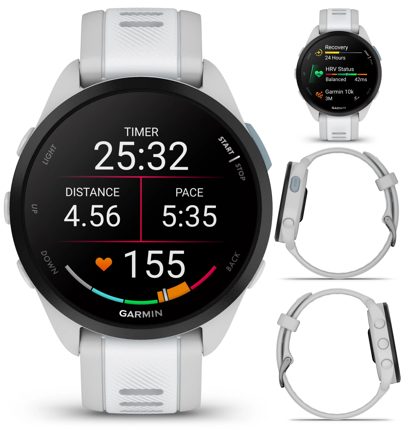 Garmin Forerunner 165 Music Running Smartwatch, Colorful AMOLED Touchscreen, Mist Gray/Whitestone w/ Wearable4U PowerPack & Adapters Bundle