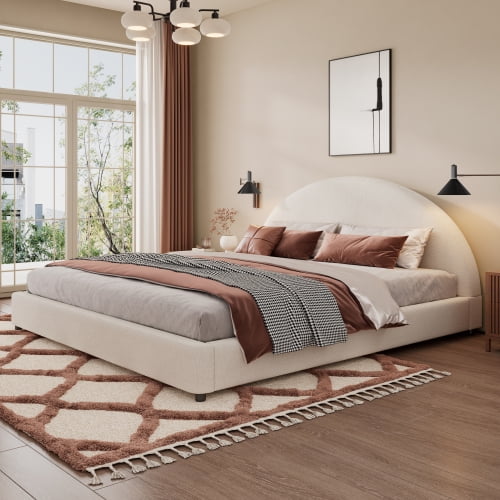 King Size Bed Frame, Upholstered Boucle Fabric Platform Bed with Round Curved Headboard, Modern White Bedroom Furniture No Box Spring Needed