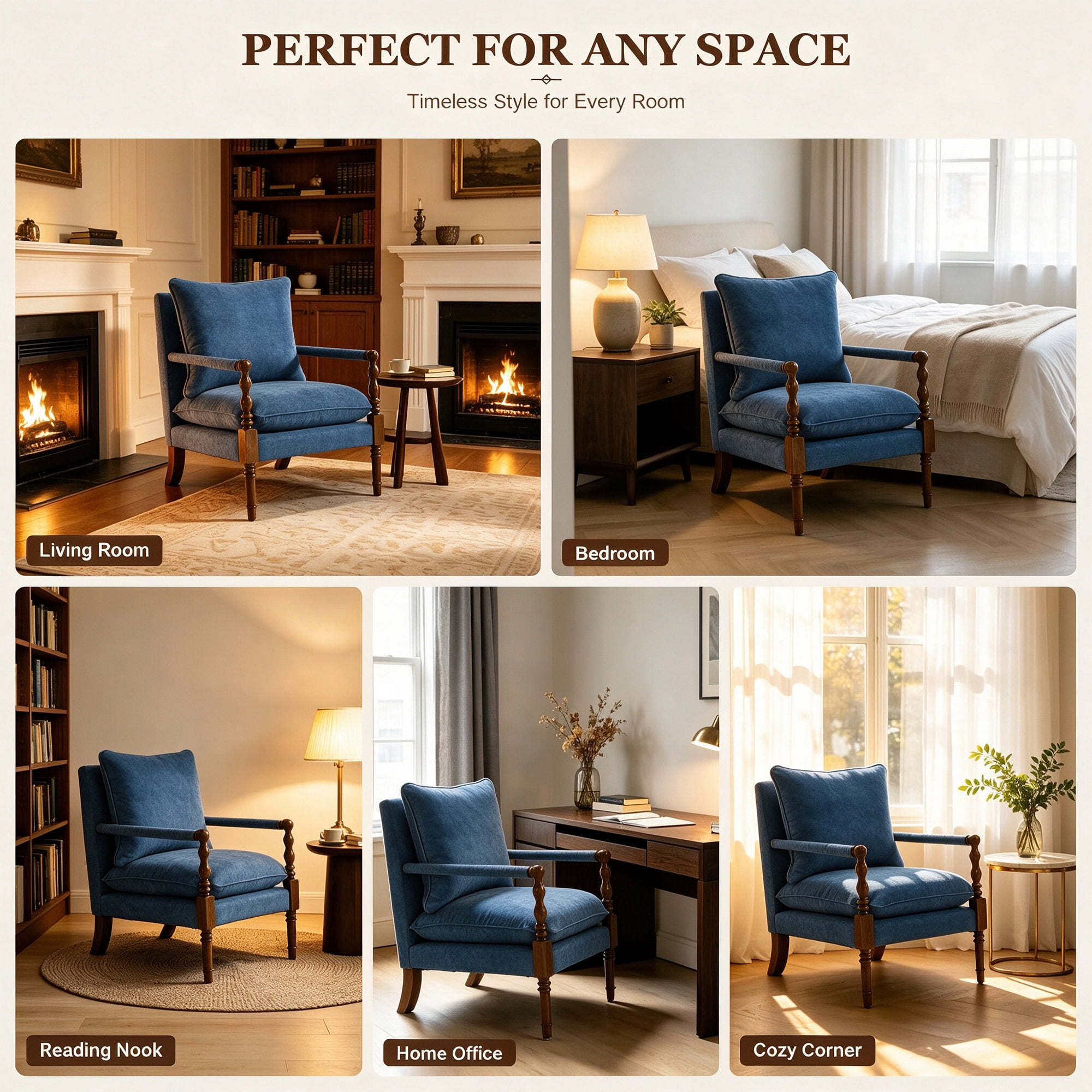Mid-Century Modern Spindle Armchair,Linen Accent Chair with Cushion & Wood Frame for Living Room Bedroom Office,Navy