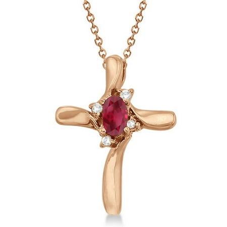 14kt Gold Ruby Cross Pendant - Ruby and Diamond Cross Necklace Pendant 14k Rose Gold