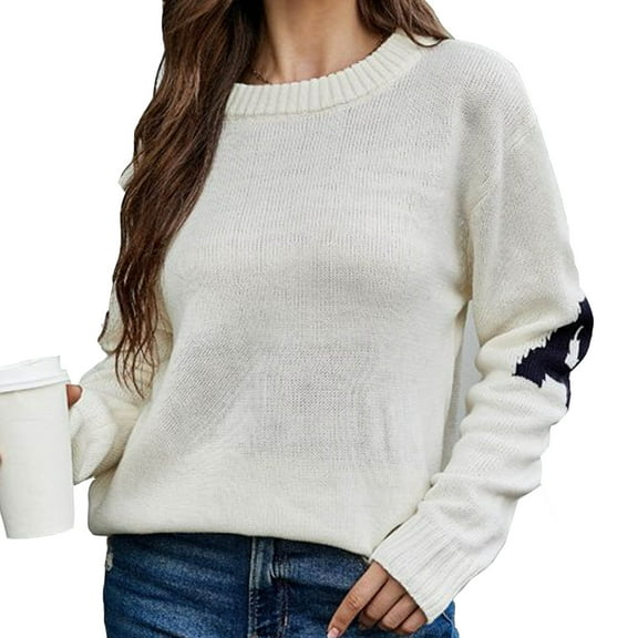 Virmaxy Sweater For Women Letter A Printed Crew Neck Knitted Sweater Slouchy Style Pullover Solid Color Long Sleeve Relaxed Jumper White XS