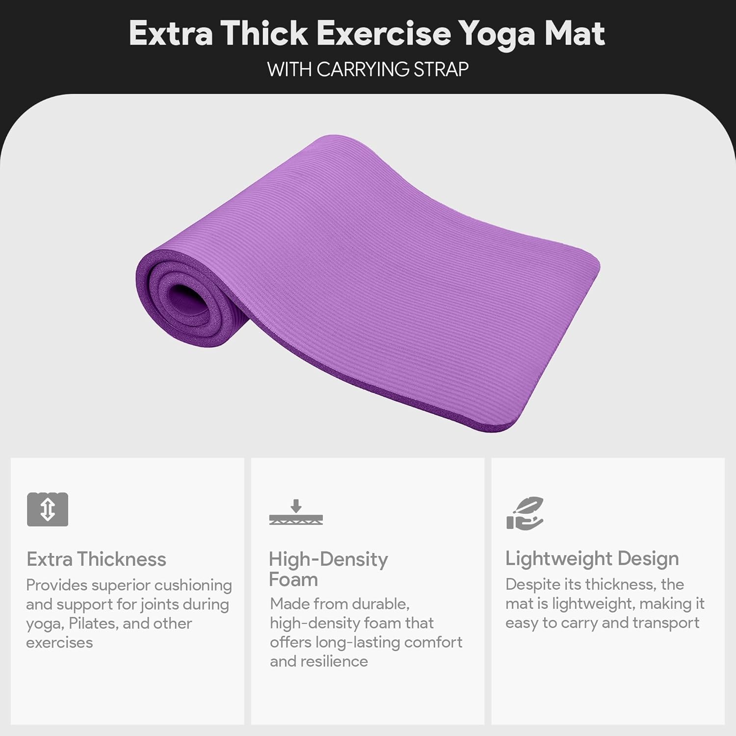 Yoga Mat, 1-Inch Extra Thick High Density Exercise Mat, Anti-Tear Exercise Yoga Mat with Carrying Strap, Suitable for Various Yoga Exercises, Multiple Colors