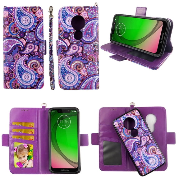 Purple Paisley Case for Moto G7 Play Revvlry Case, Motorola G7 Optimo Magnetic Detachable Pu Leather Wallet Cover Flap Closure Cases Card Holders Wrist Strap 2 in 1 Folio Flip Covers