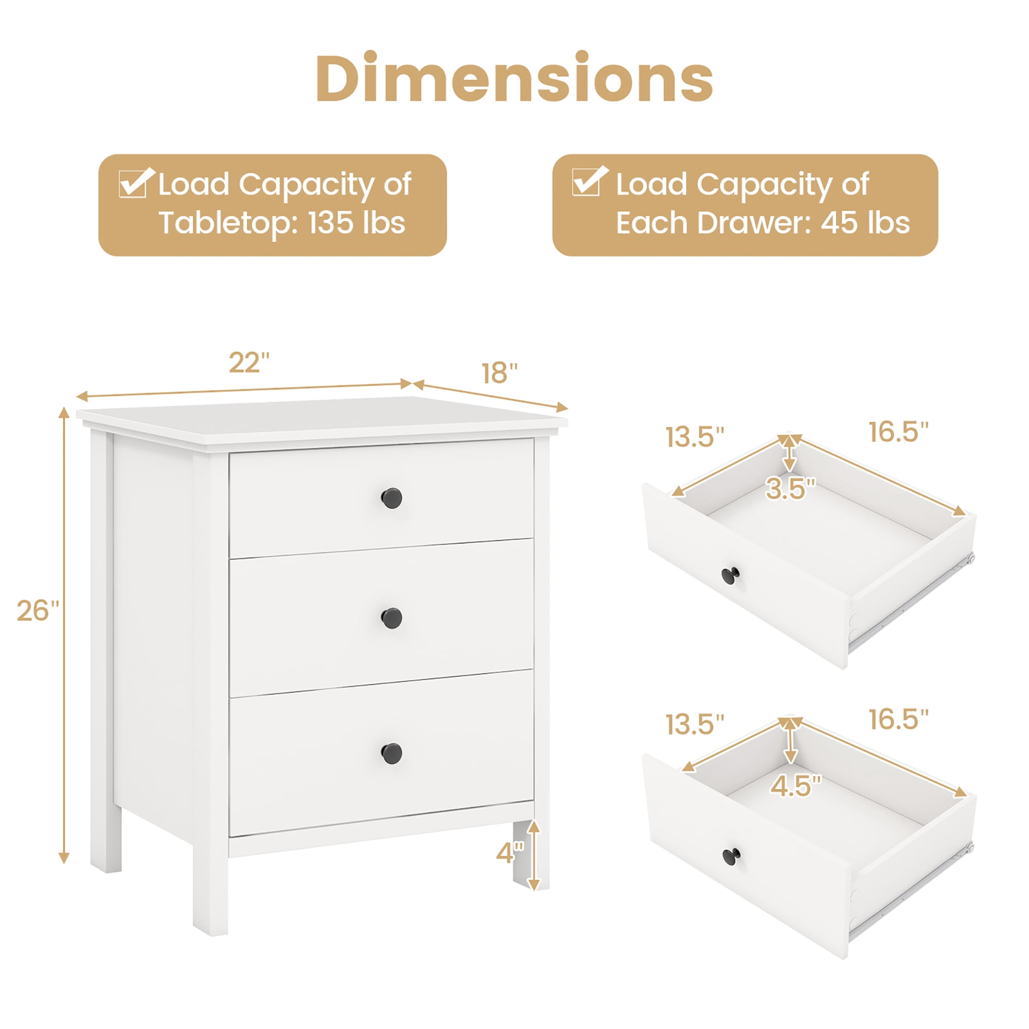 Gymax 3-Drawer Nightstand Wooden Bedside Table Modern Side End Table Space-Saving White
