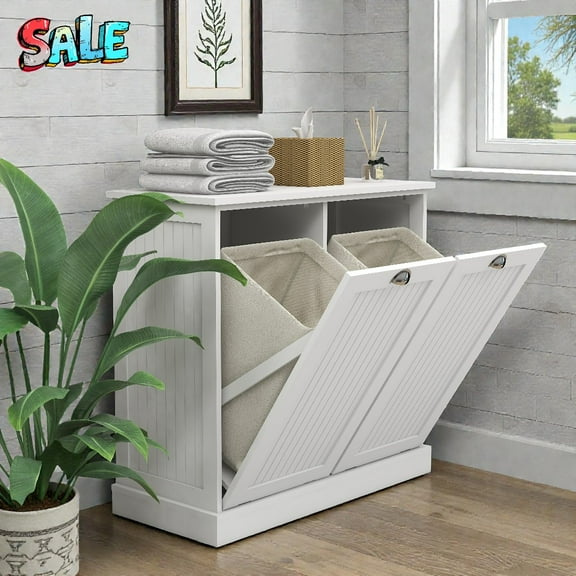 Tcbosik Double Tilt Out Laundry Sorter Cabinet with 2 Removable Fabric Bags, Dual Basket Bathroom Storage Organizer with Two-Compartment Tilt-Out Laundry Hamper,White