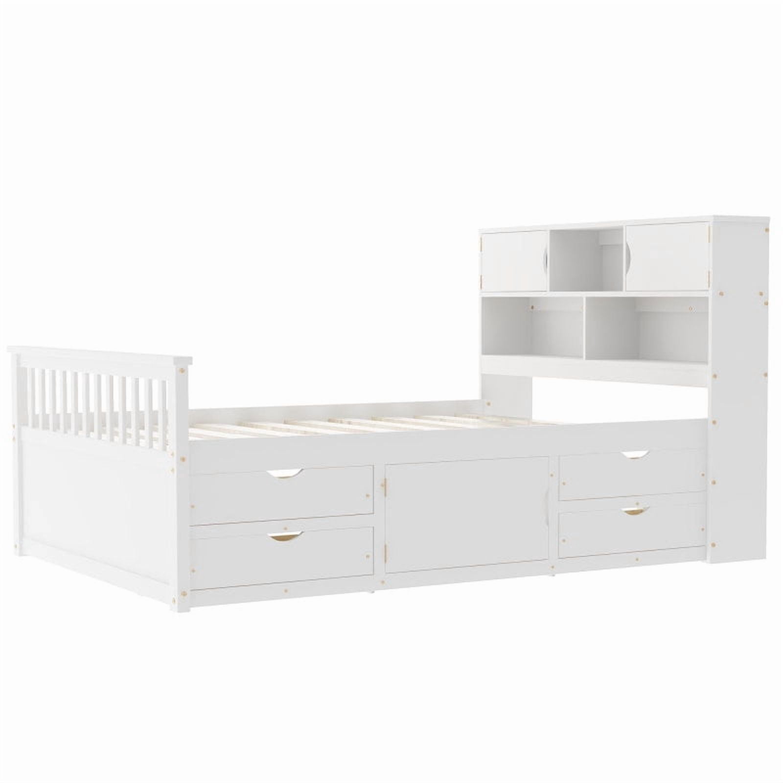 [Luckynote]Full Size Captain Platform Bed Frame with Storage Bookcases and Shelves,Four Drawers,White