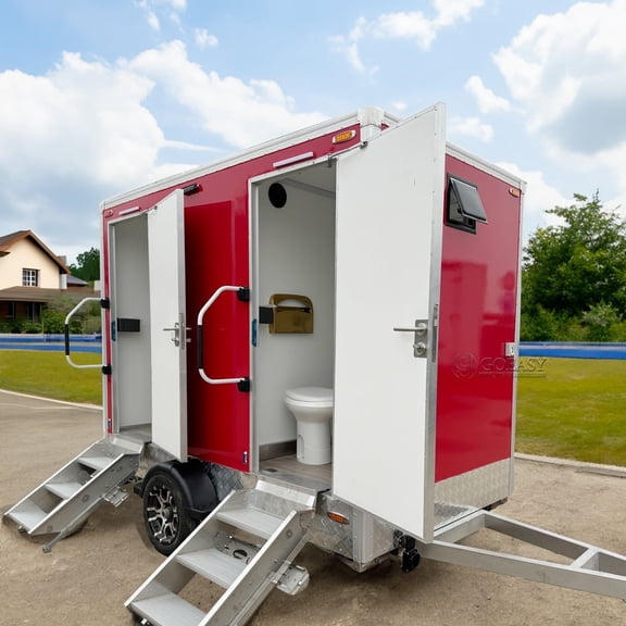 GOEASY VEHICLE Red Double-Stall Portable Bathroom Trailer with Premium Interior Mobile Restroom for Events Construction Sites Festivals Camping Sanitation Unit