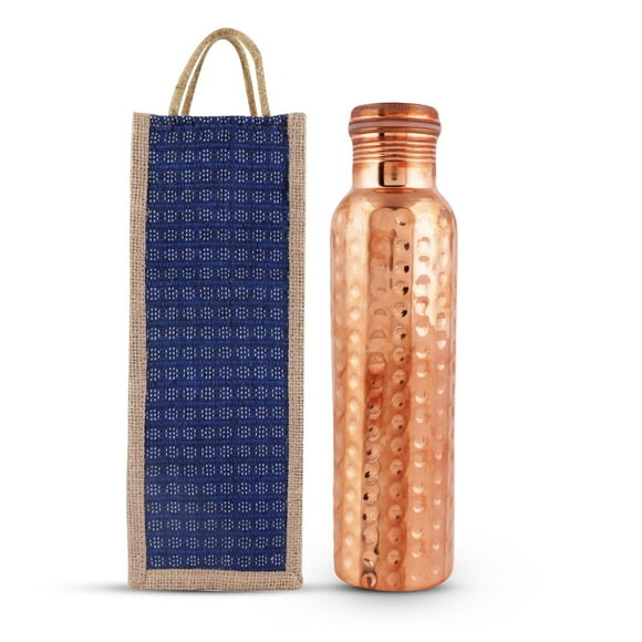 HEALTHANDWEALTH Pure Copper Water Bottle - Handcrafted, Hammered Design, 1000 ML Capacity - Perfect For Ayurvedic Health Benefits