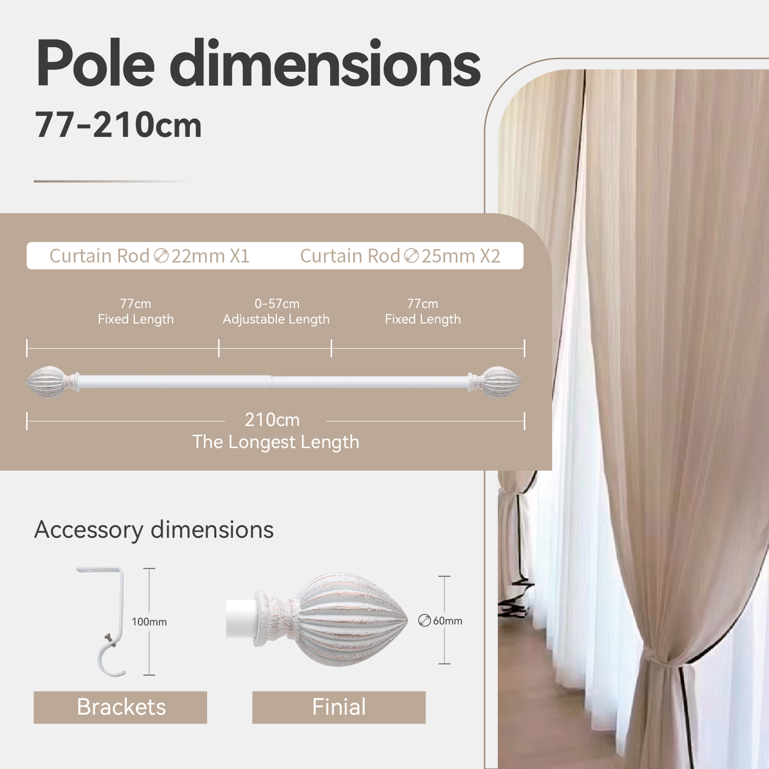3/4 Inch Standard Decorative Window Curtain Rod, 48-84" Adjustable Length for Windows
