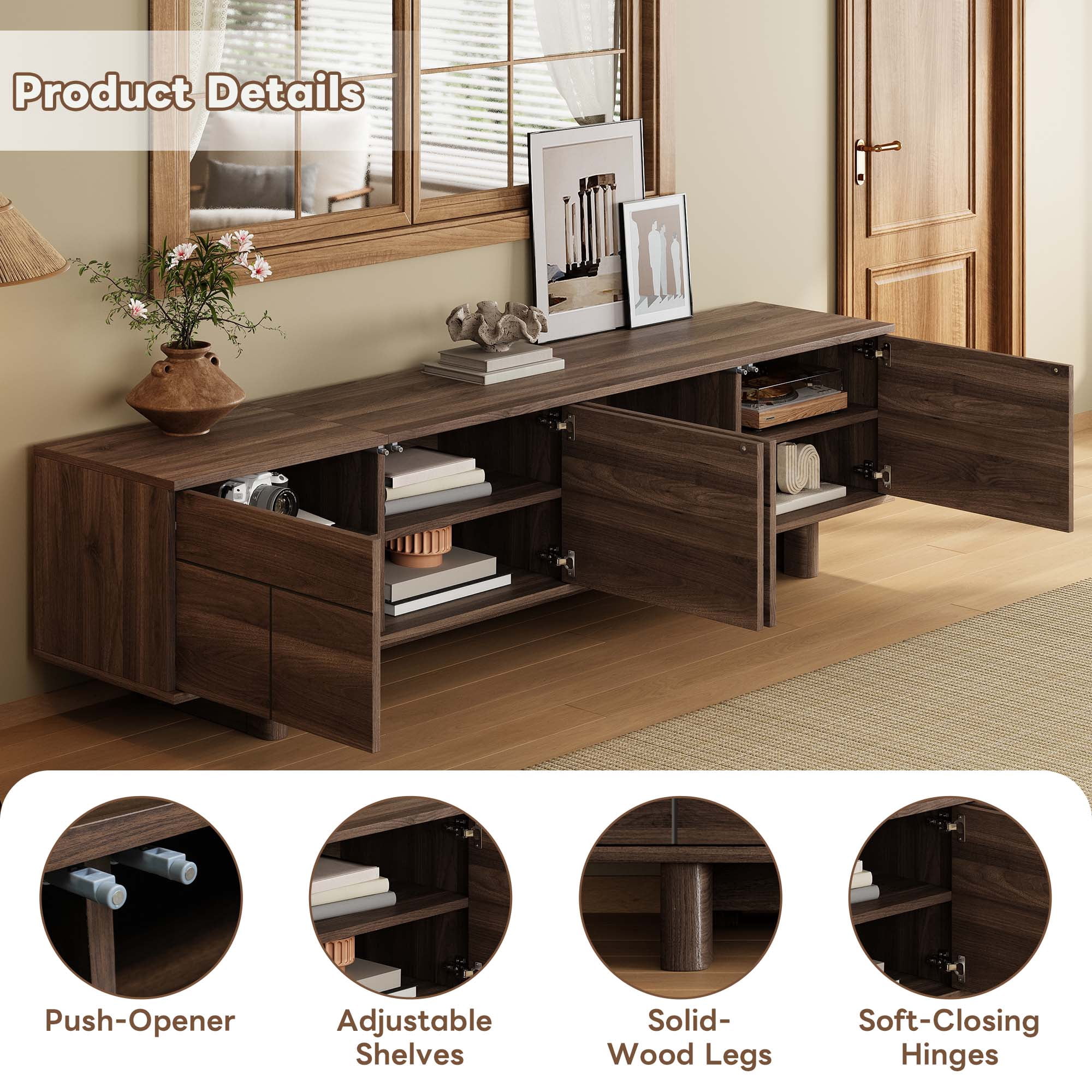 TV Stand for TVs up to 85 Inch, Entertainment Center with Adjustable Shelves & Push-Openers, Media Console with Solid Wood Legs for Living Room