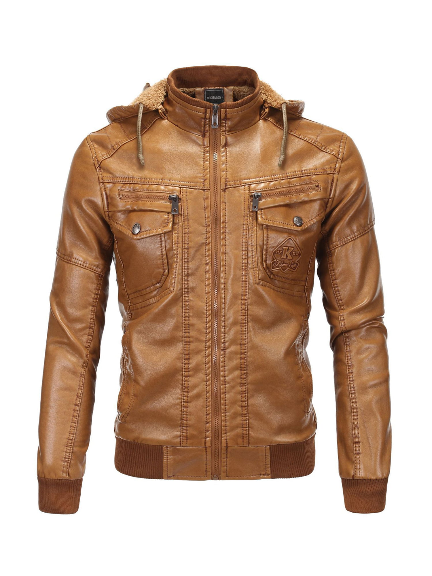 Mens Casual Long Sleeve Zip Up Bomber PU Faux Leather Jacket 