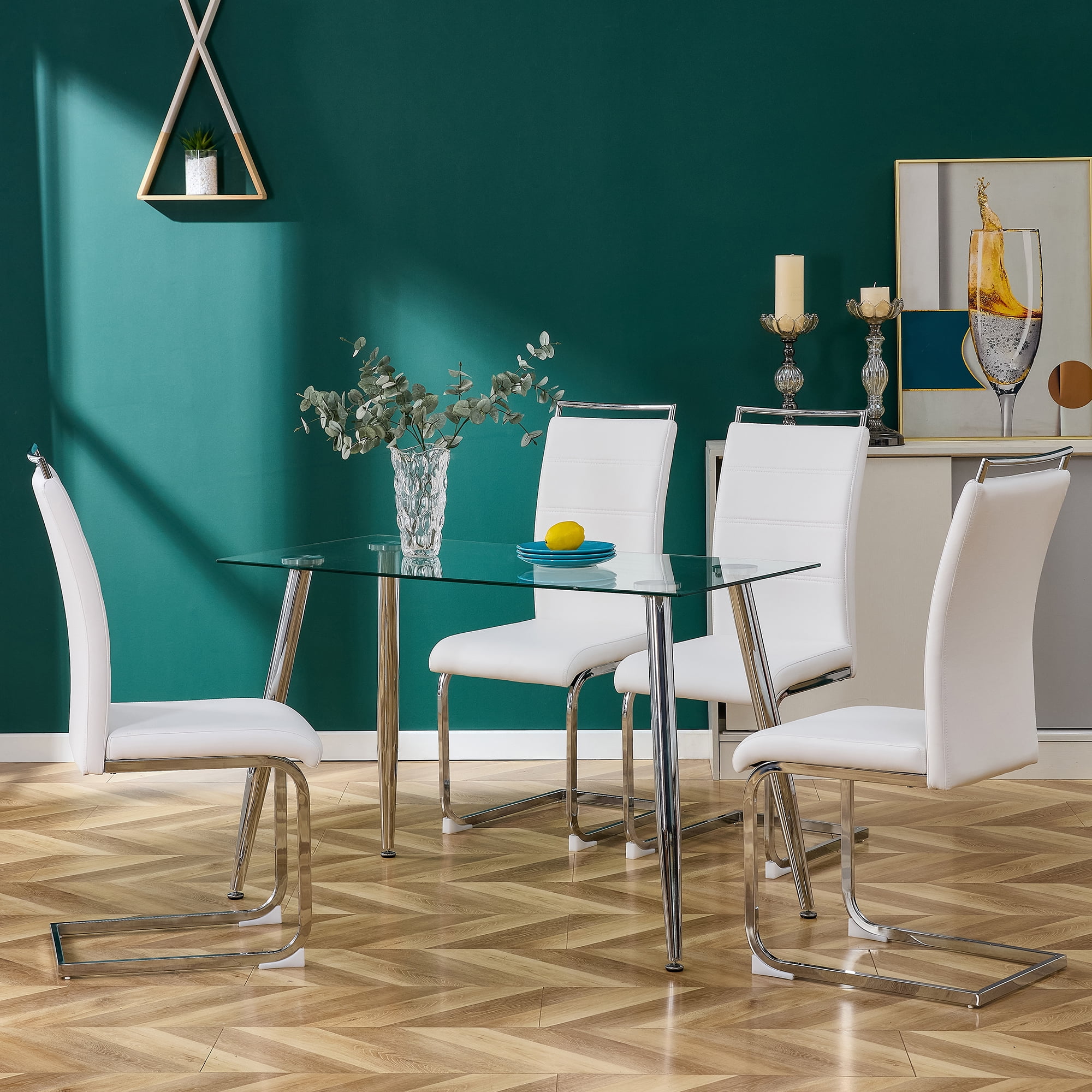 BORNMIO Glass Dining Table, Dining Chair set, 4 White Dining Chairs and