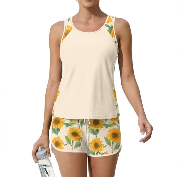 JULMCOMO Tankini Swimsuits for Women Sunflower Print Drawstring Crew Neck Sports Bathing Suit Beach Summer Two Piece Swimsuit Fluorescence Yellow L