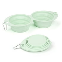 PoyPet Collapsible Dog Bowls,Portable Travel Dog Double Bowl No Plastic Rim 2 in 1 Foldable Pet Food & Water Bowl Cat Feeder Dish for Walking,Hiking,Camping (Green)