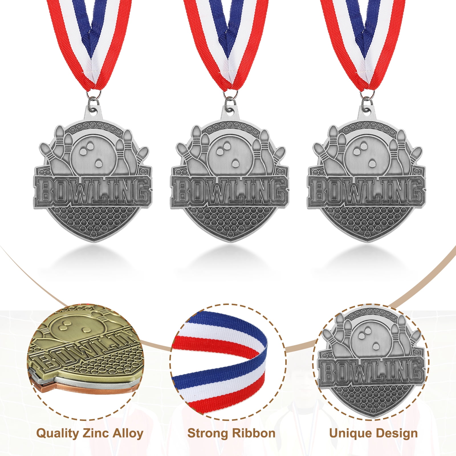 Uxcell Bowling Games Award Medals with Ribbons, Winner Medals Prizes for Competitions Sports Party Silver