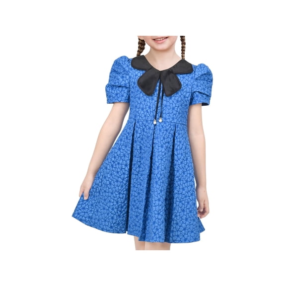 Girls Dress Blue Floral Bow Tie Black Collar Short Sleeve Pleated Party 4 Years