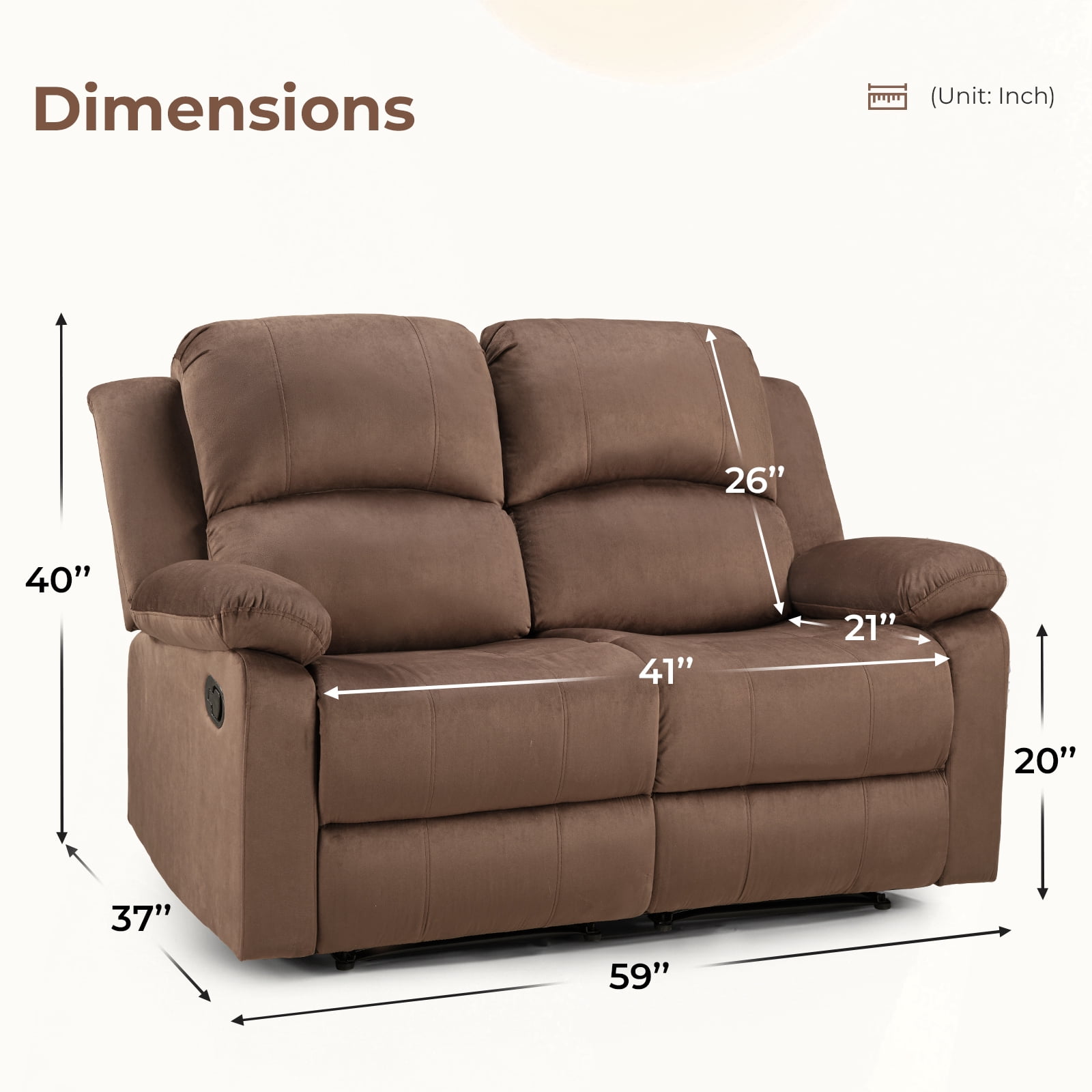 Bonzy Home Manual Loveseat Recliner Sofa — Soft 2-Seat Reclining Couch with Overstuffed Arms & Back, Brown