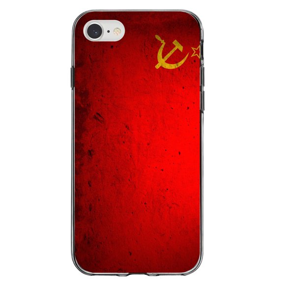 DistinctInk Clear Shockproof Hybrid Case for iPhone 7 8 SE (2020 Model) 4.7" Screen TPU Bumper Acrylic Back Tempered Glass Screen Protector - USSR Soviet Flag Old Weathered Red Yellow