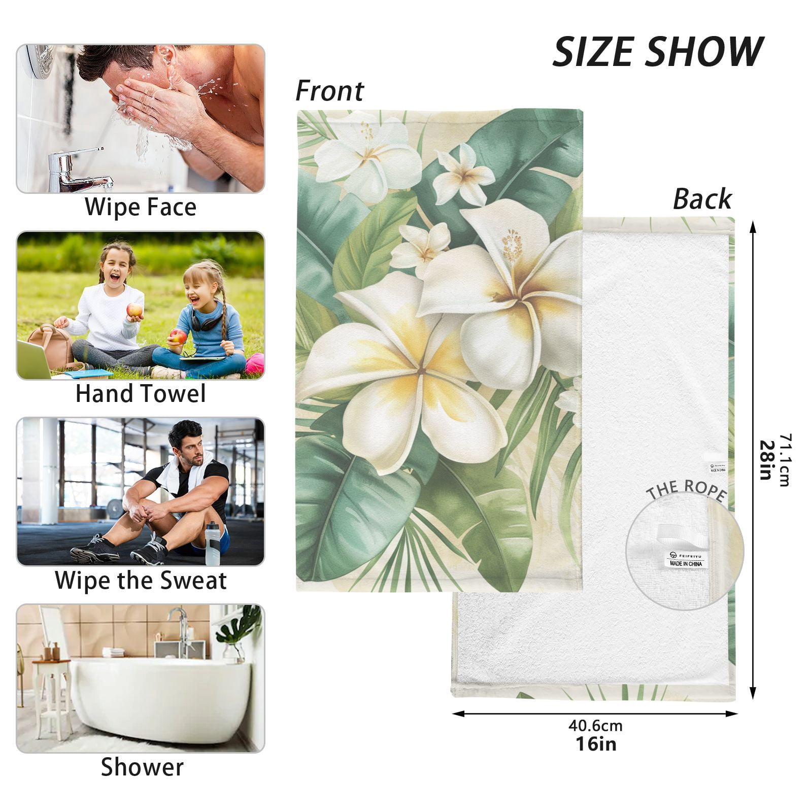 White Flower Hand Towels Cotton Bath Towels Large Face Towels Absorbent for Bathroom 2 Packs