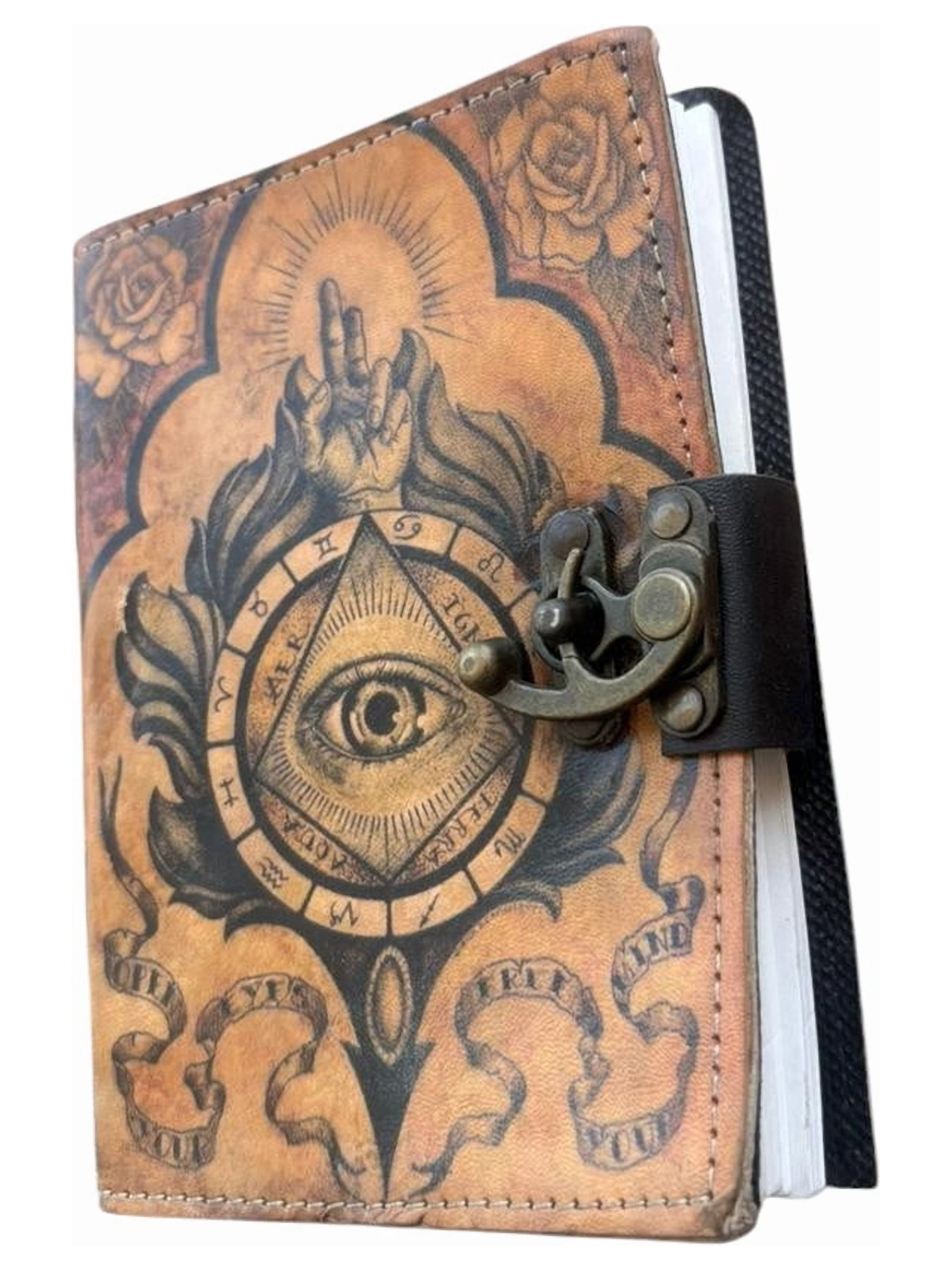 Handmade Leather Journal with Lock – All Seeing Eye Design, White Drawing Paper Notebook, Vintage Spiritual Diary, Lightweight Sketchbook (5x7)