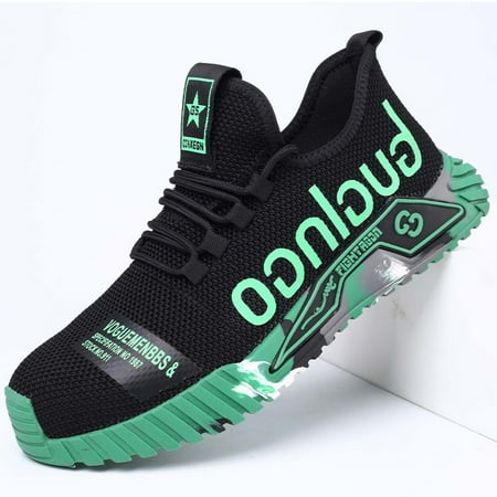 

Men‘s Knit Lette Print Breathable Anti-skid Steel Toe Work Shoes Wear-resistant Puncture Proof Lace Up Work Safety Shoes
