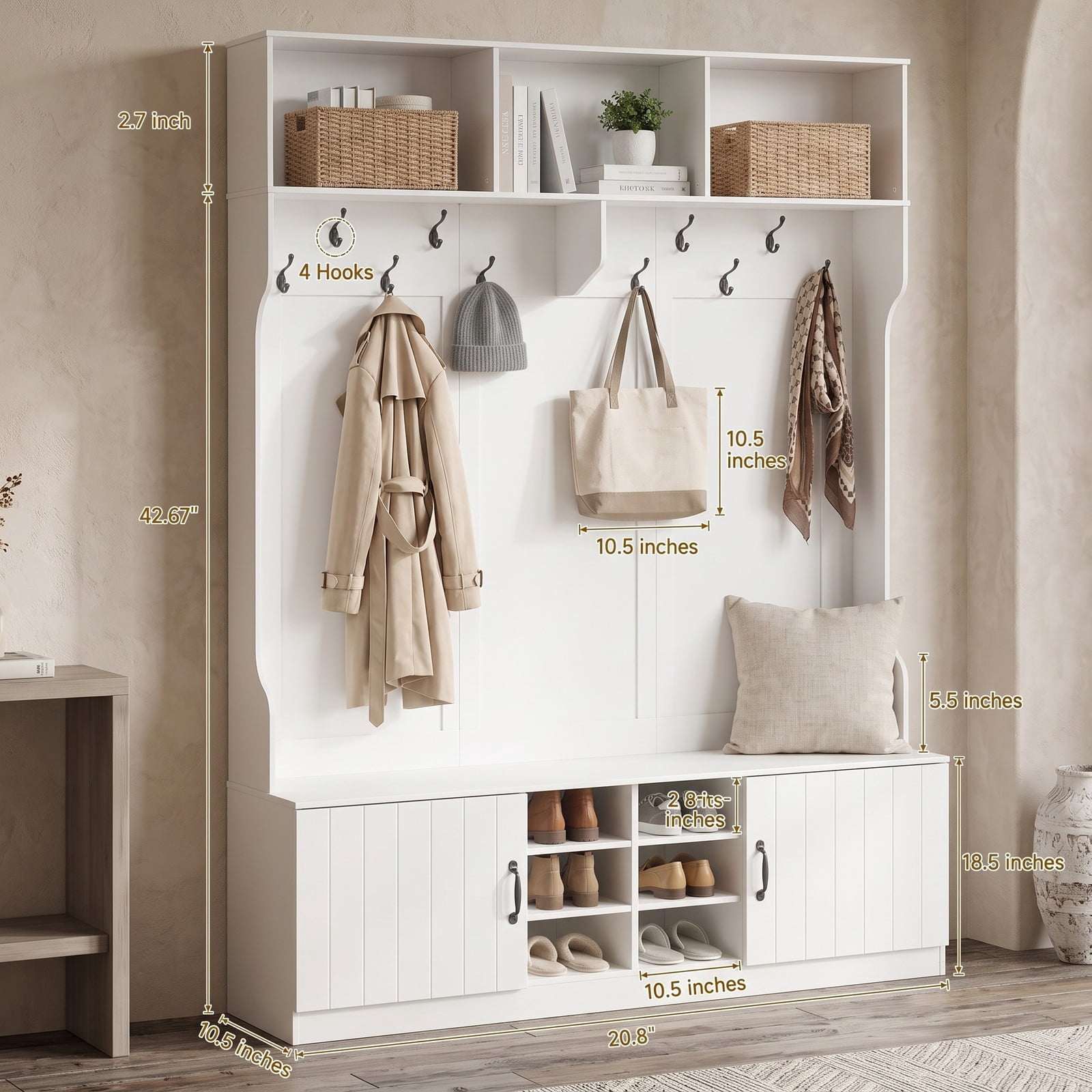Furnibear 59 Inch Wide 6 in 1 Hall Tree with Bench Multiple Hooks and Shoe Cubby Storage for Mudroom Hallway and Bedroom, White