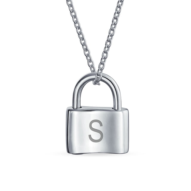Personalized Initial Alphabet Letter S Plain Simple Couples Sentimental Functional Lock Pendant Charm Lovers Padlock Necklace for Women Teens .925 Sterling Silver Chain 16 Inch Custom Engraved