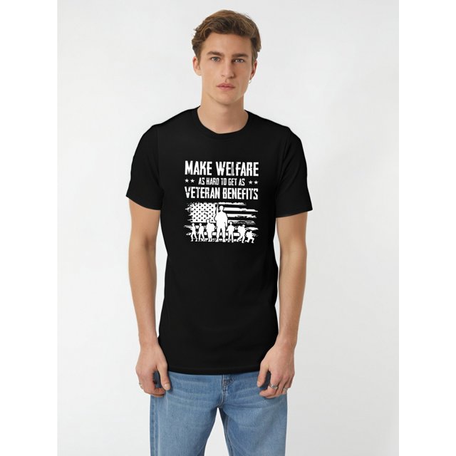 Humorous Men's Fashion Tee - "Make Welfare as Hard as Veteran Benefits" Print, Navy Blue, 100% Polyester, Round Neck, Short Sleeve, Street Style, Machine Washable, Perfect for Spring & Summer