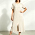 thumbnail image 2 of Levmjia Women's Summer Dress Short Sleeve Crew Neck Side Pocket Casual A Line Midi Dress with Side Slit Loose Fit Solid Color Day Dresses, 2 of 6