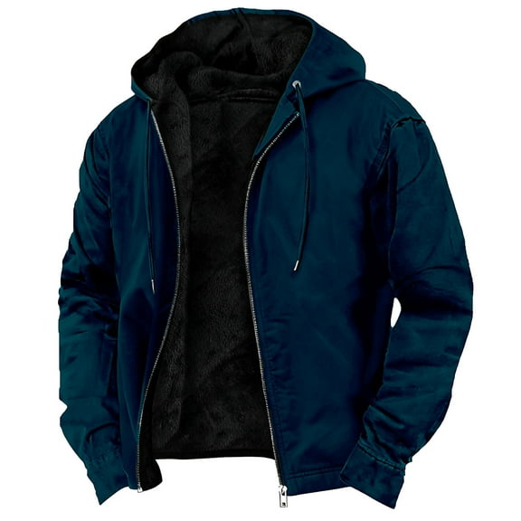 Kilaqueen Mens Winter Jacket Drawstring Hooded Full Zip Long Sleeve Fleece Lined Coats Solid Color Trendy Warm Hoodie