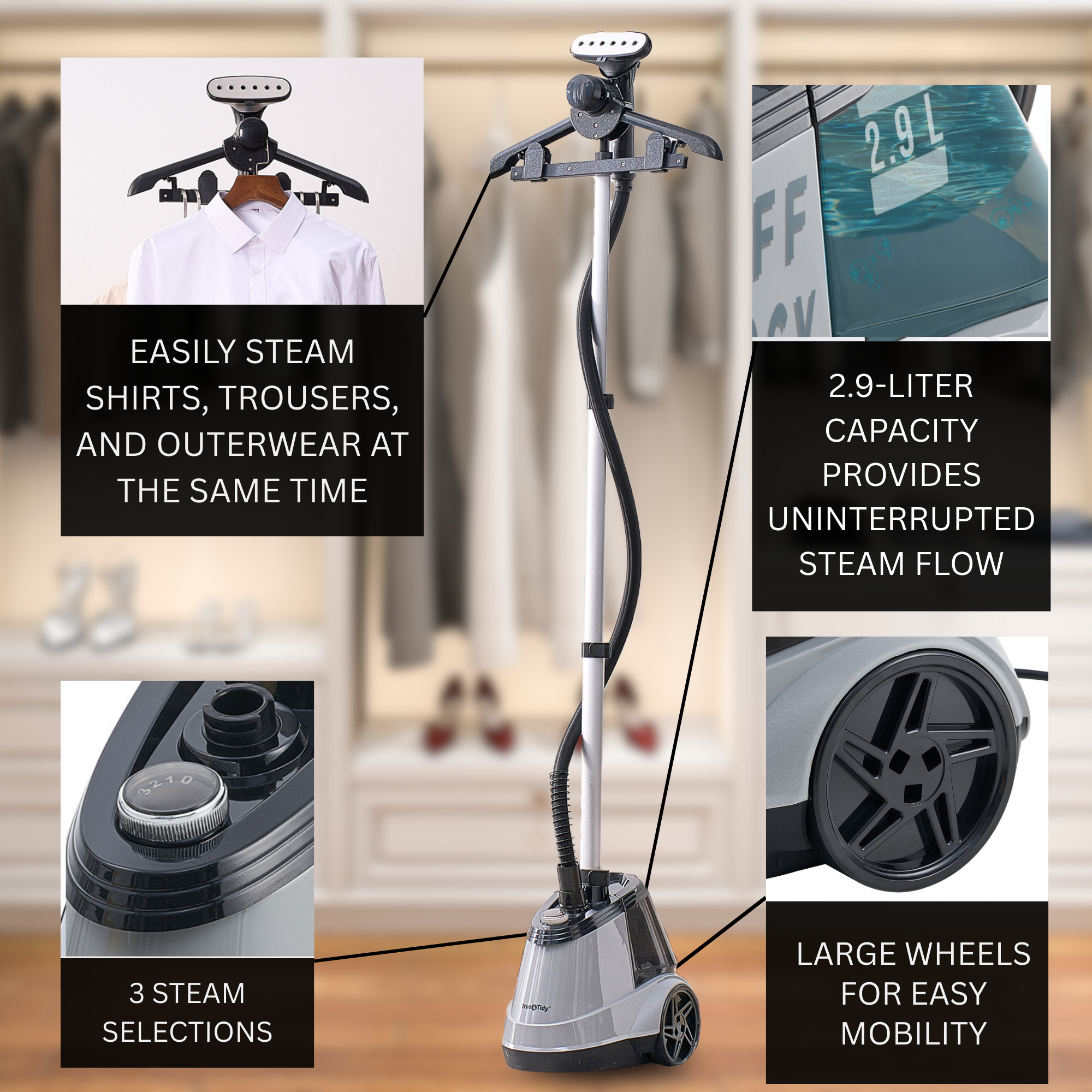 Restored True & Tidy Pro Commercial Heavy Duty Garment Steamer with 2.9L Water Tank and Adjustable Steam Settings, Gray (Refurbished)