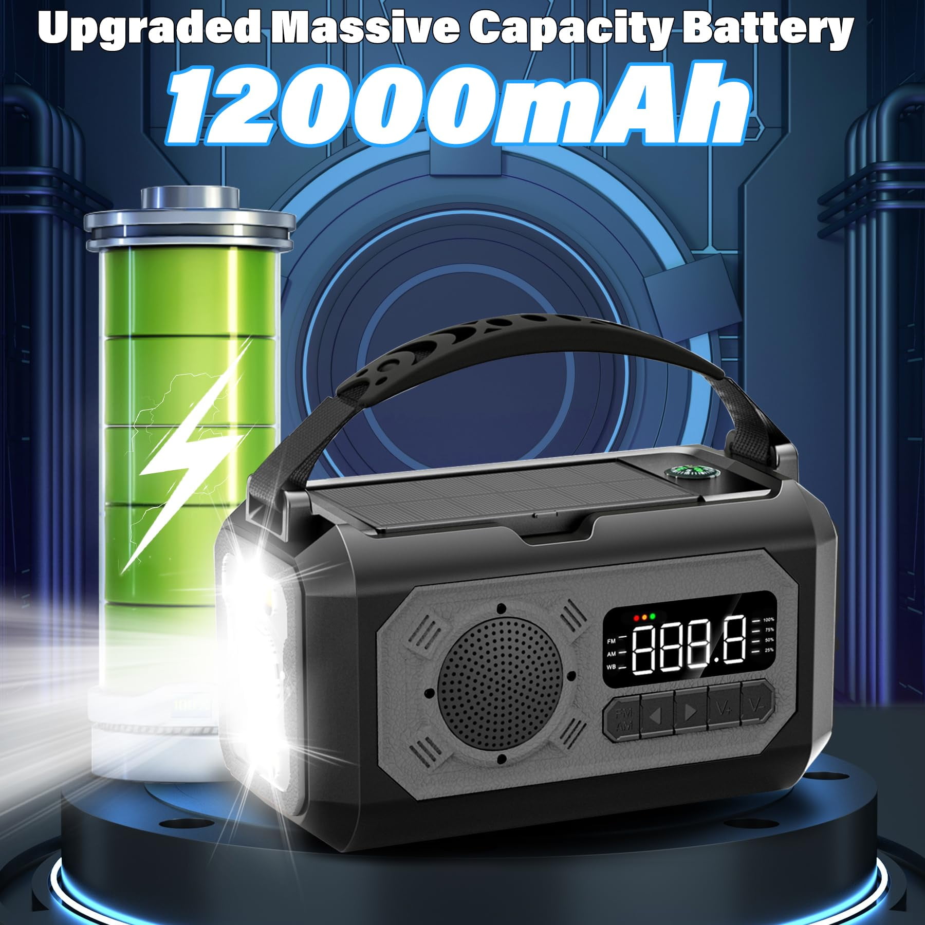 JOUALY 12000mAh Emergency Radio, AM/FM/NOAA Weather Radio,Portable Hand Crank Radio,Multi-Function Solar Radio,2 Solar Panels,USB Type-C Charging,Torch & LED Reading Lamp,SOS Alarm,Compass