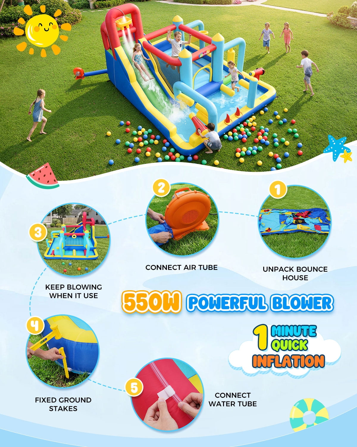 Adnoom Inflatable Water Slide w/550W Blower,Obstacle Bouncy House for Kids 3~10, Wet&Dry Backyard Bounce House w/Jumping Area,Pool,Slide,Climbing Wall,Water Gun, Basketball Hoop